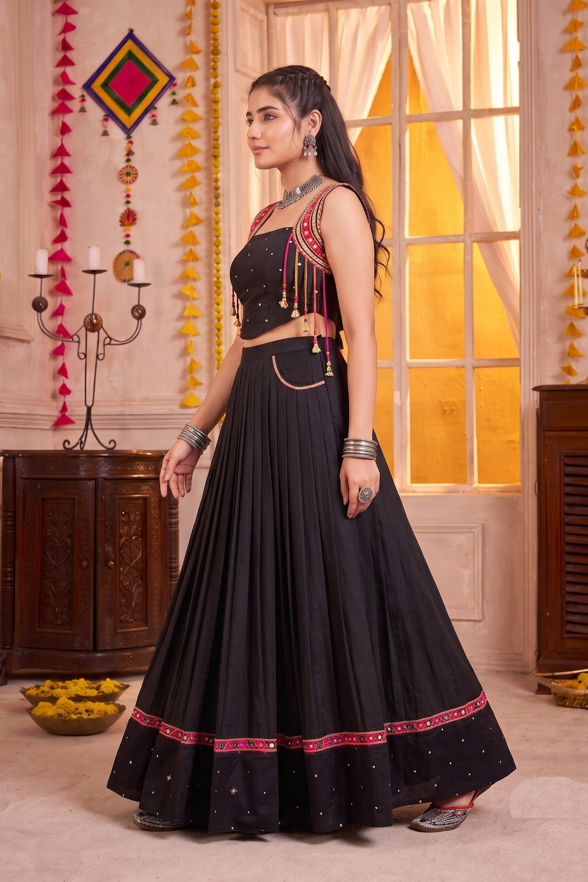 Trendy Black Cotton Designer Lehenga Choli Set with Mirror Work and Flared Skirt for Women