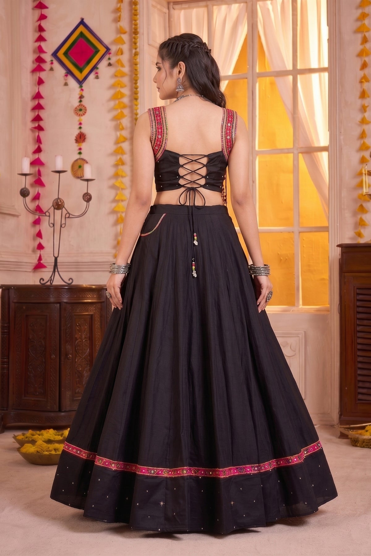 Trendy Black Cotton Designer Lehenga Choli Set with Mirror Work and Flared Skirt for Women