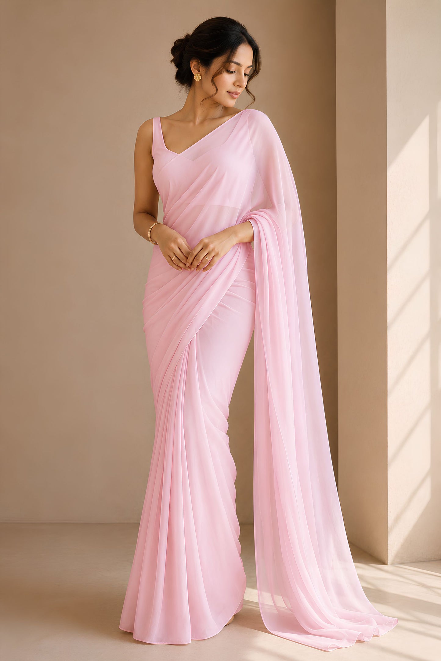 Elegant Light Pink Plain Georgette Saree for Women