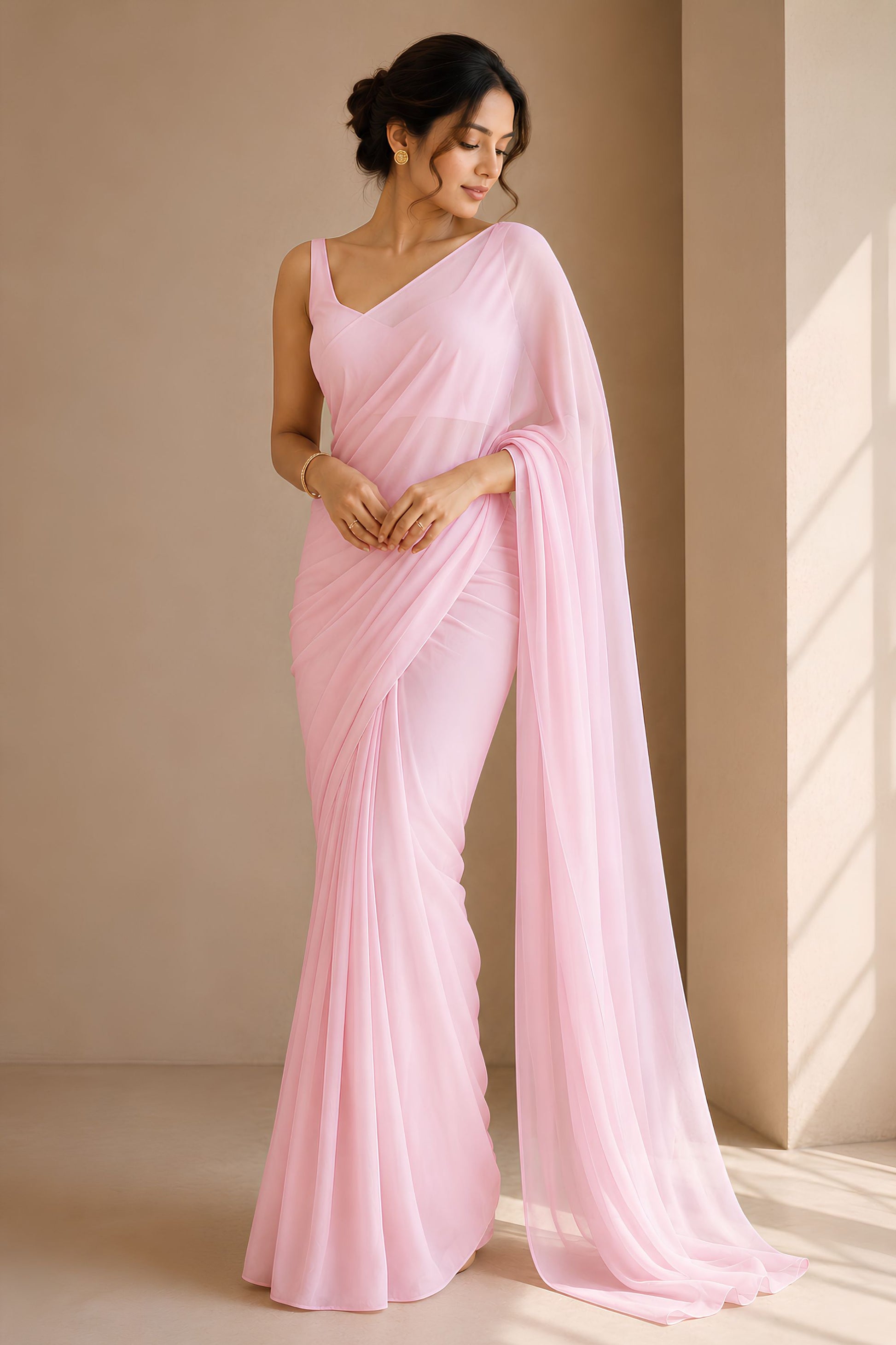 Elegant Light Pink Plain Georgette Saree for Women
