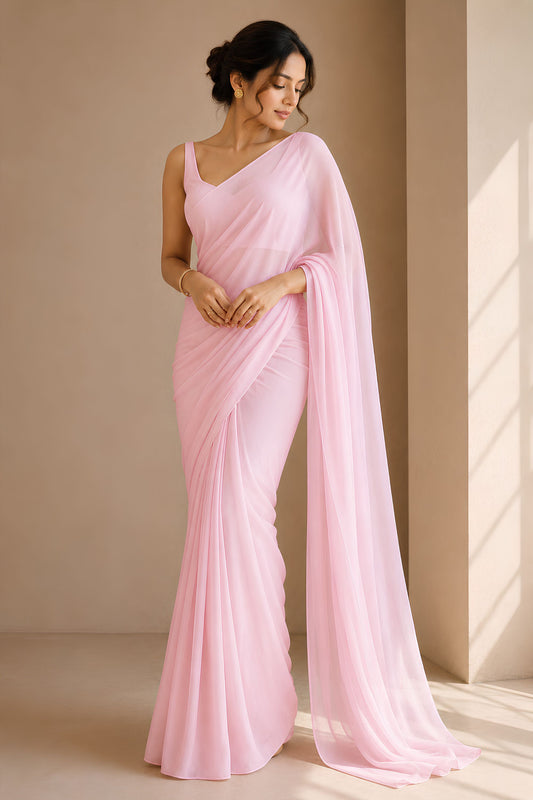 Elegant Light Pink Plain Georgette Saree for Women
