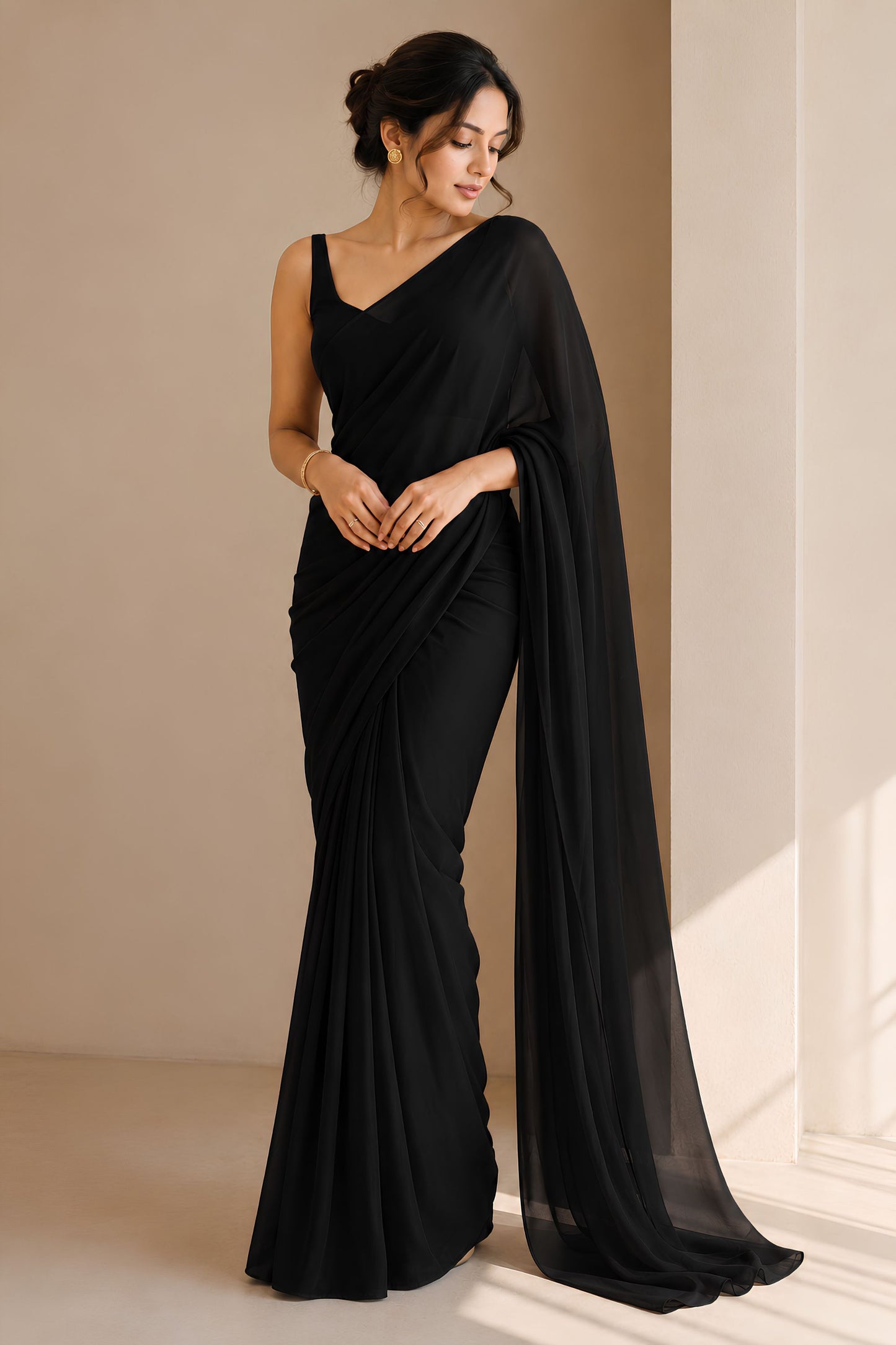 Premium Black Plain Georgette Saree for Women