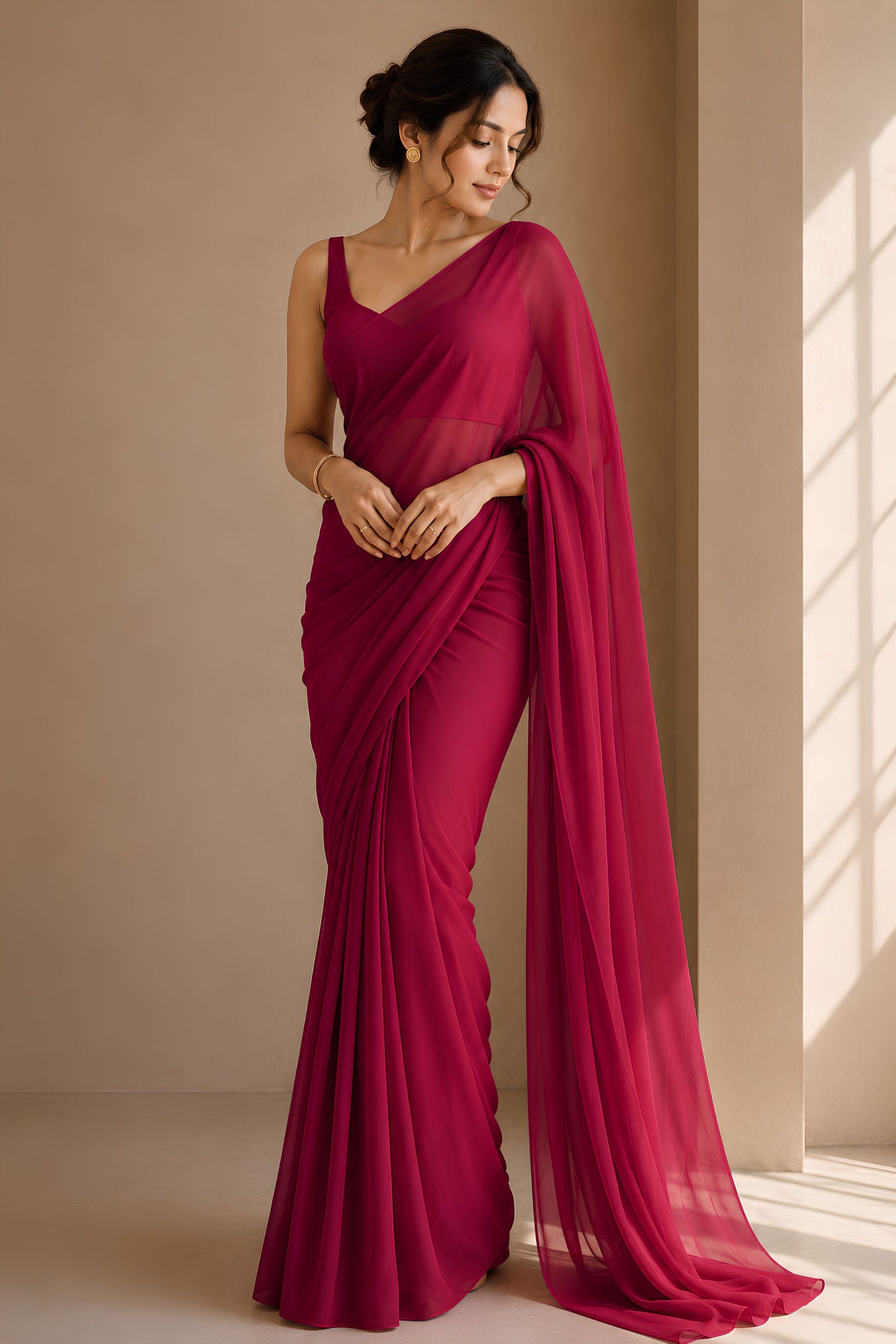 Stunning Wine Plain Georgette Saree for Women