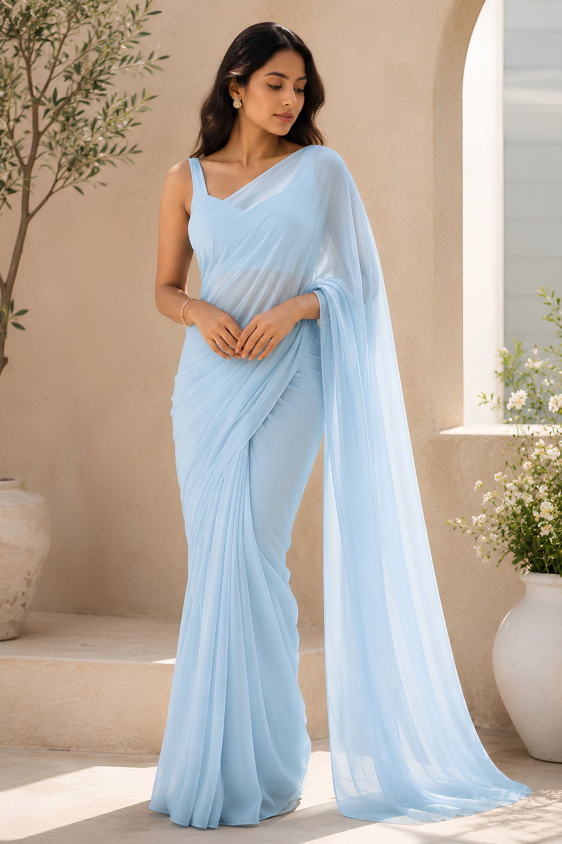 Stylish Sky Blue Plain Georgette Saree for Women