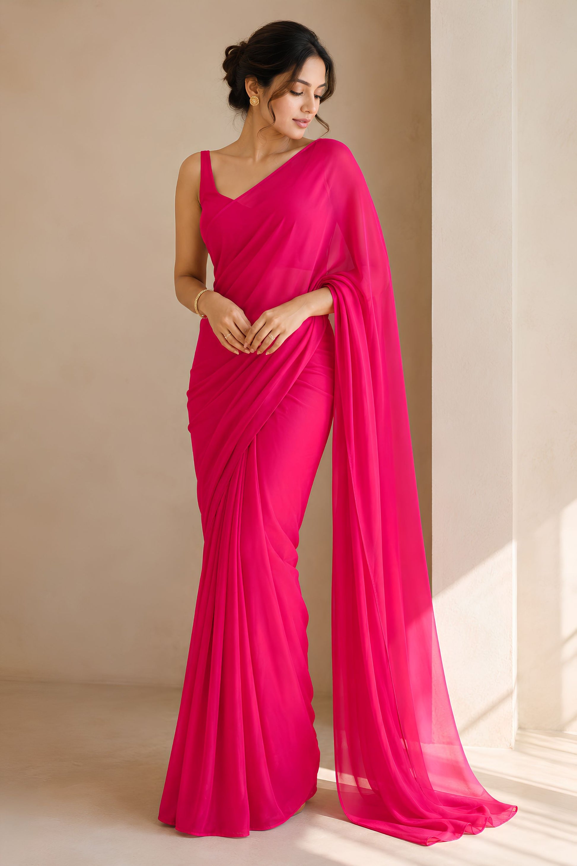 Vibrant Rani Pink Plain Georgette Saree for Women