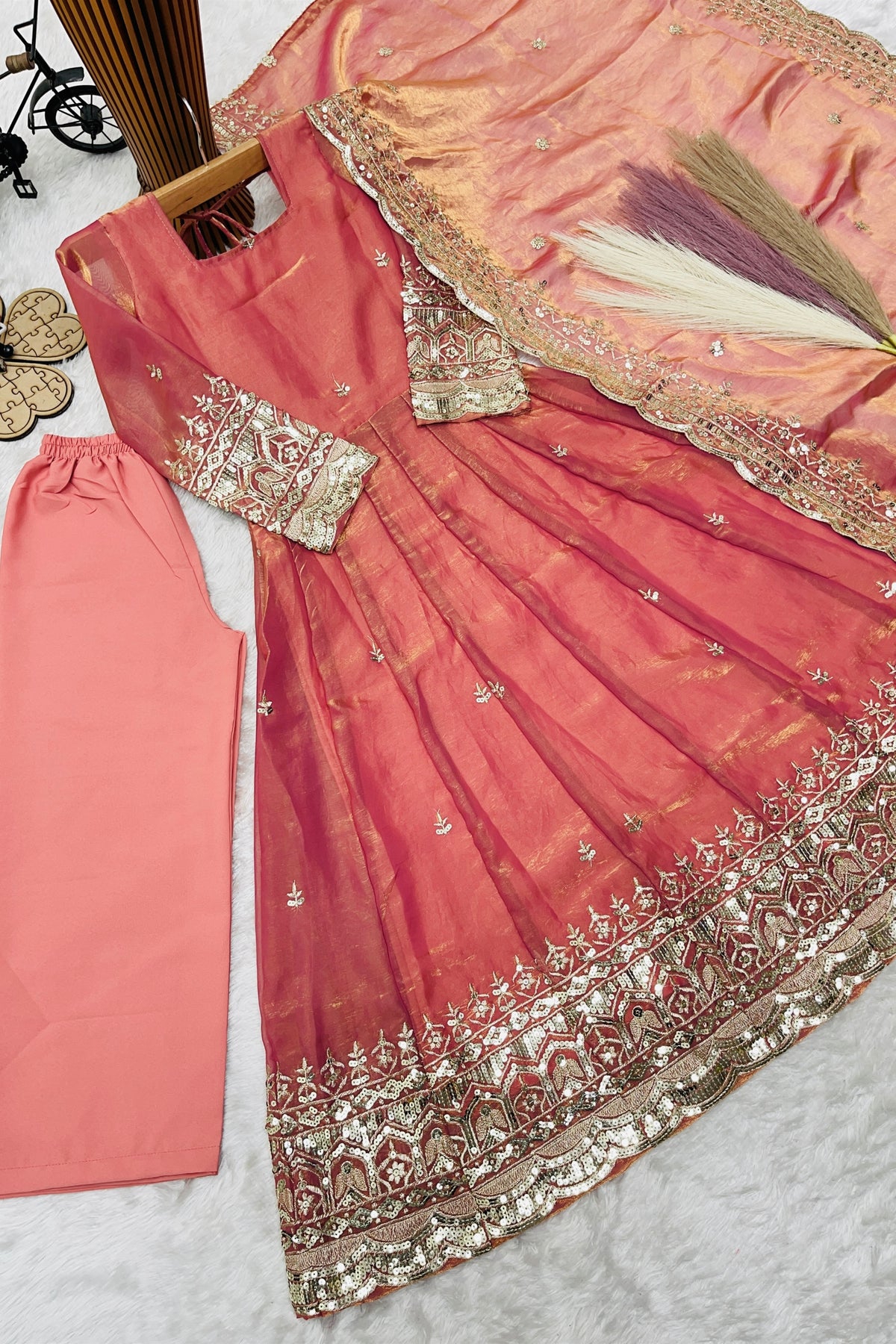 Elegant Pink Fendy Silk Embroidered Anarkali Suit with Dupatta for Girls