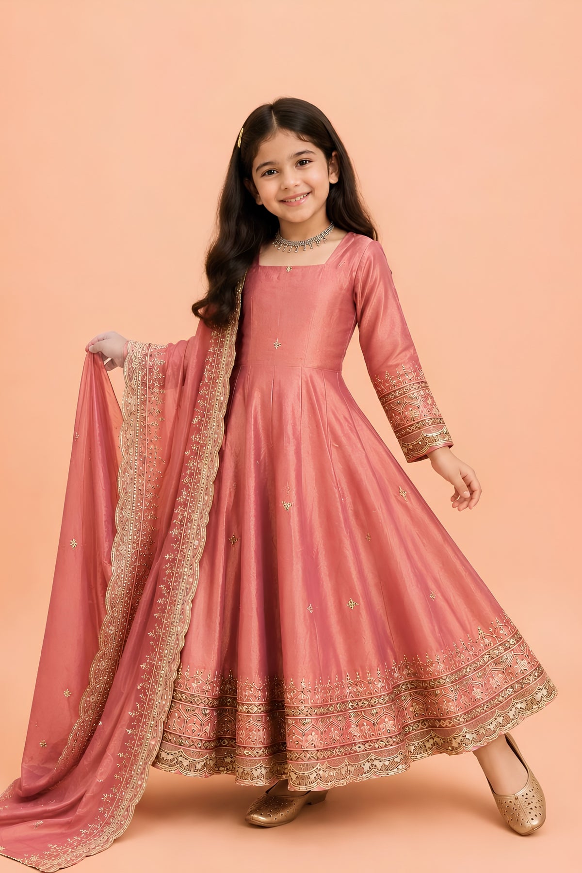 Elegant Pink Fendy Silk Embroidered Anarkali Suit with Dupatta for Girls