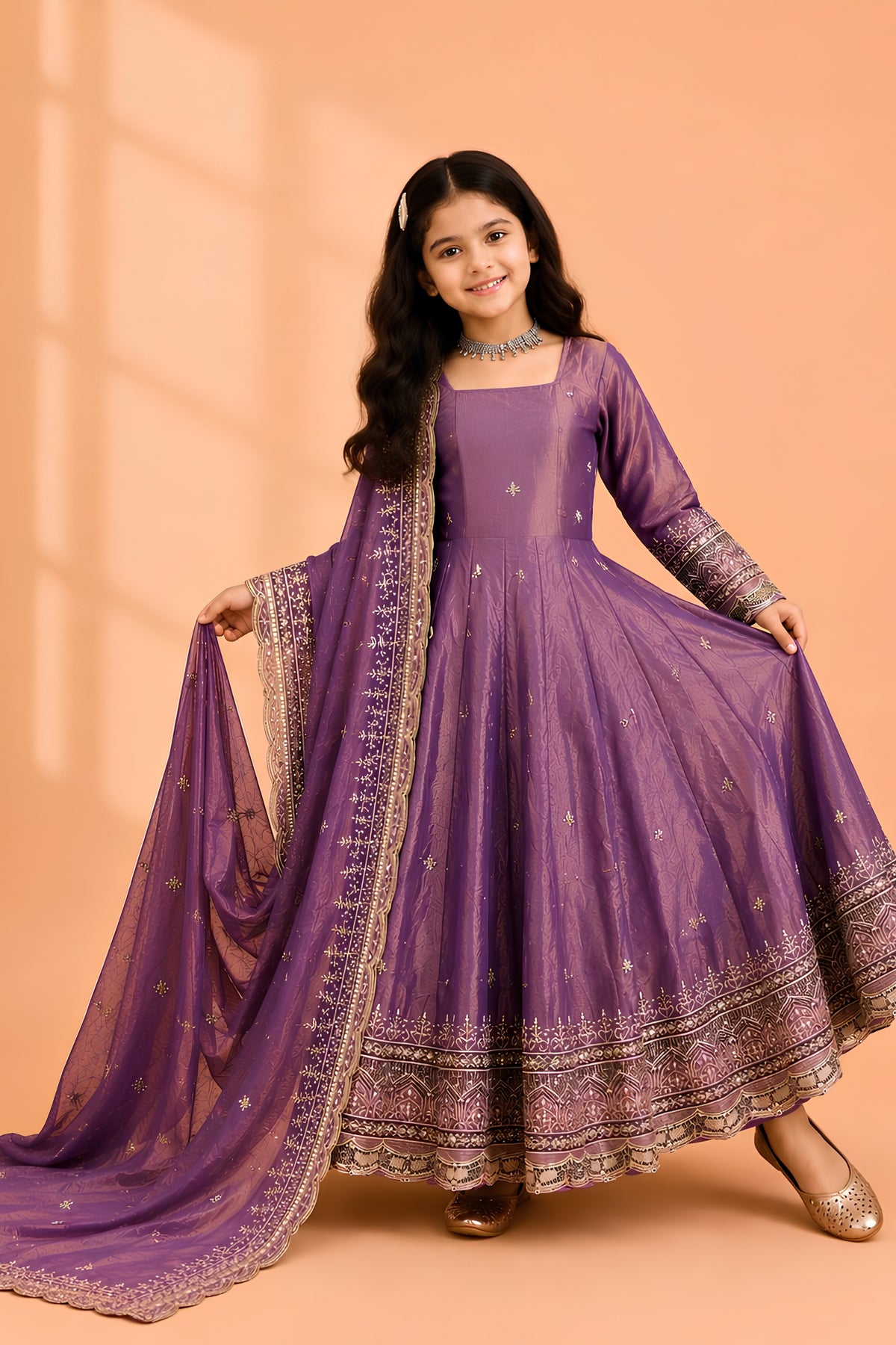 Stylish Purple Fendy Silk Embroidered Anarkali Suit with Dupatta for Girls