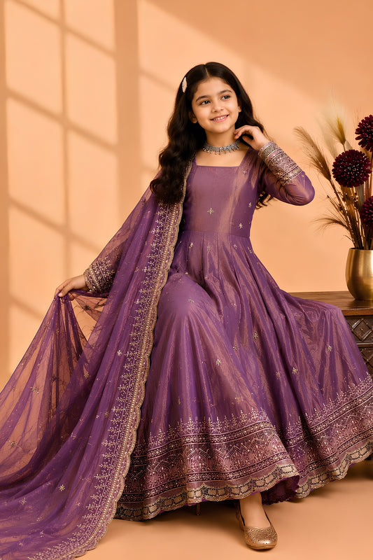 Stylish Purple Fendy Silk Embroidered Anarkali Suit with Dupatta for Girls