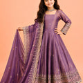 Stylish Purple Fendy Silk Embroidered Anarkali Suit with Dupatta for Girls