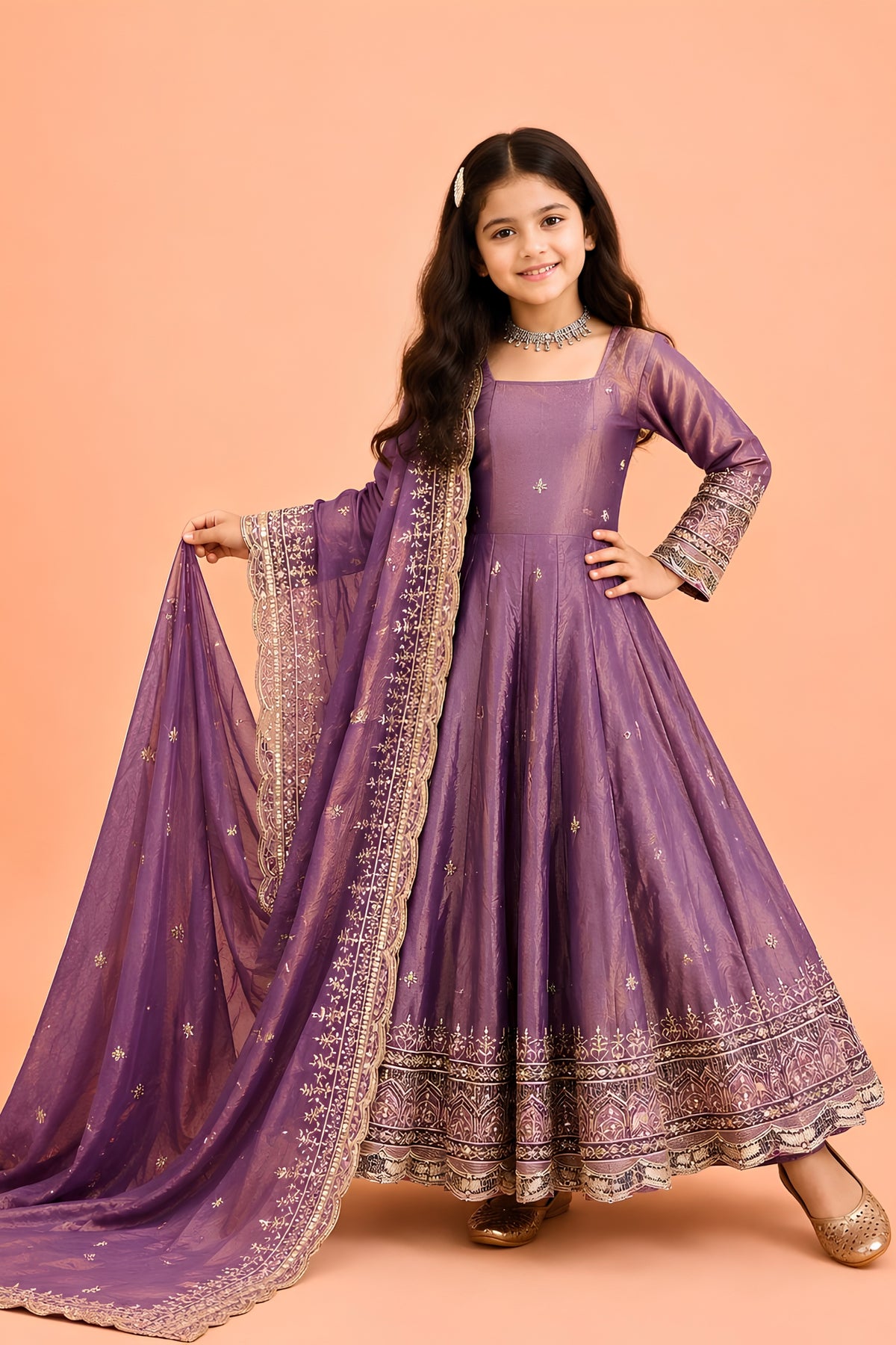 Stylish Purple Fendy Silk Embroidered Anarkali Suit with Dupatta for Girls