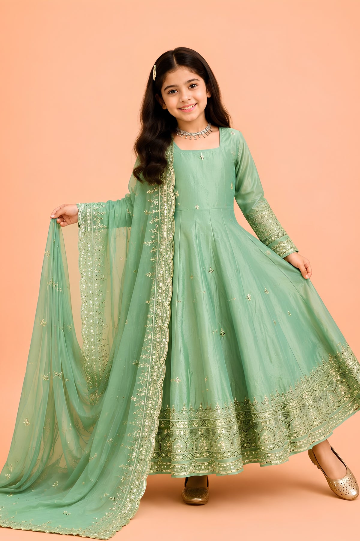 Refreshing Mint Green Fendy Silk Embroidered Anarkali Suit with Dupatta for Girls