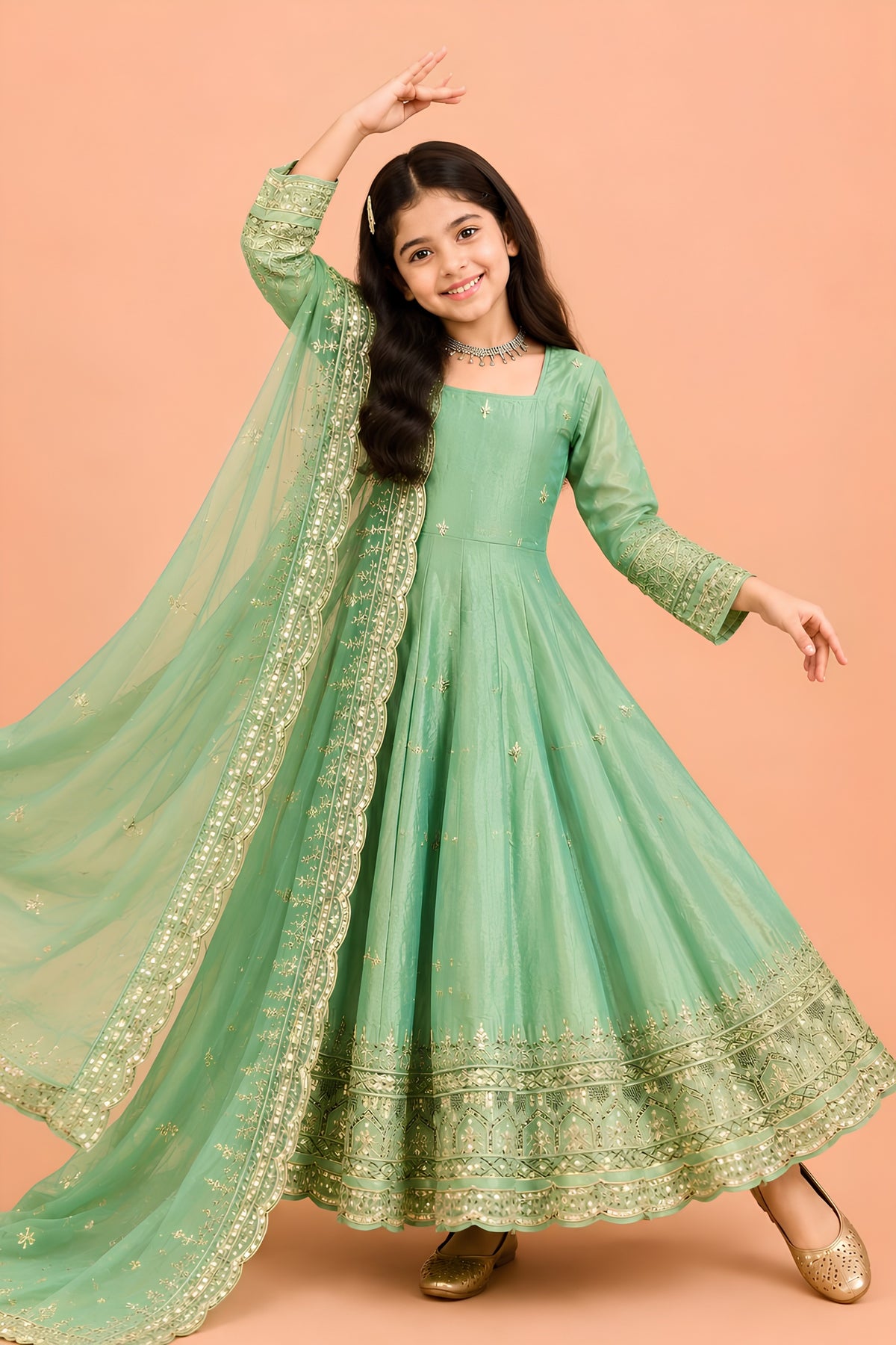 Refreshing Mint Green Fendy Silk Embroidered Anarkali Suit with Dupatta for Girls