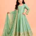 Refreshing Mint Green Fendy Silk Embroidered Anarkali Suit with Dupatta for Girls
