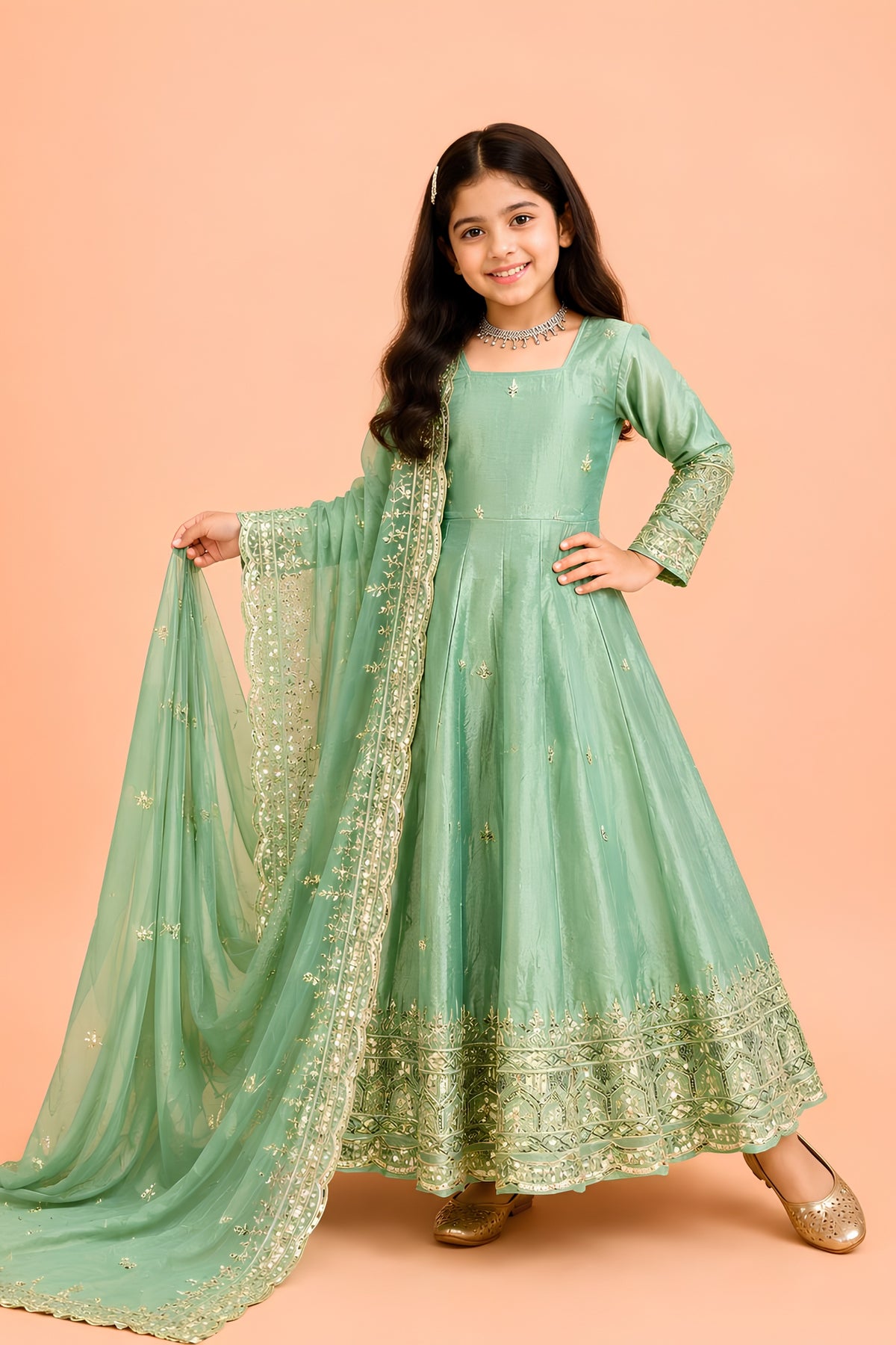 Refreshing Mint Green Fendy Silk Embroidered Anarkali Suit with Dupatta for Girls