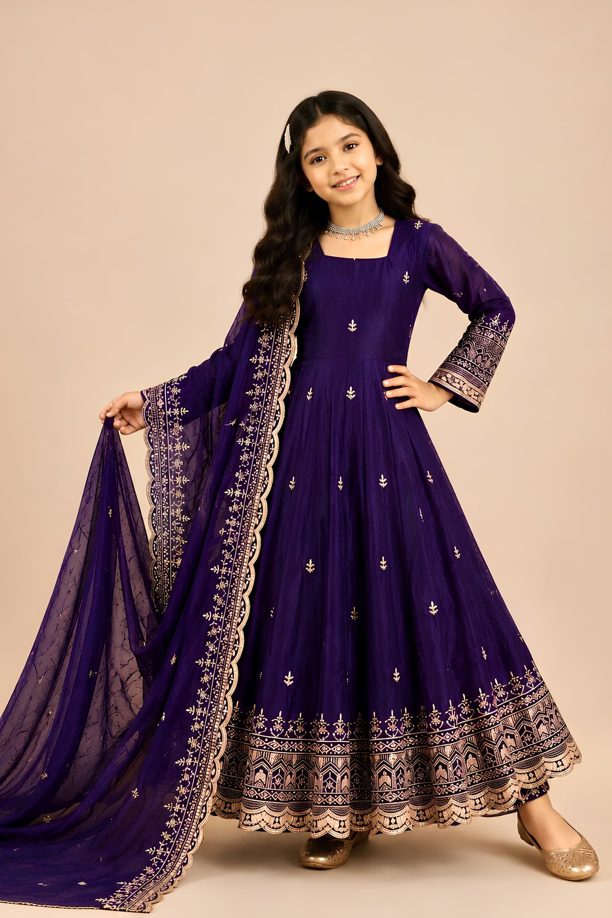 Stunning Purple Fendy Silk Embroidered Anarkali Suit with Dupatta for Girls