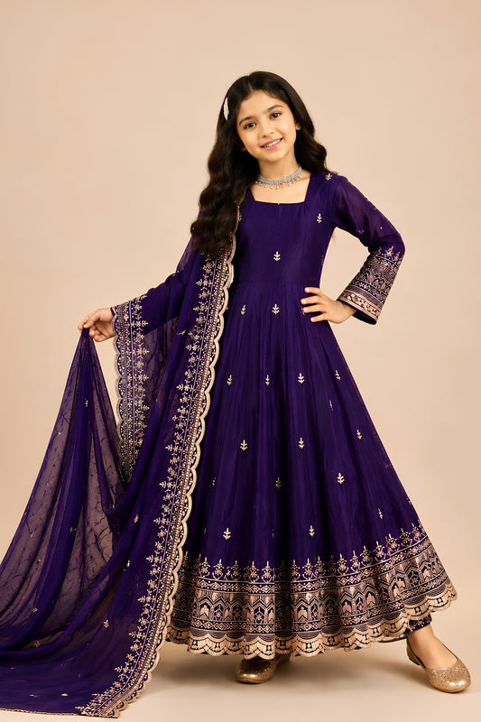 Stunning Purple Fendy Silk Embroidered Anarkali Suit with Dupatta for Girls