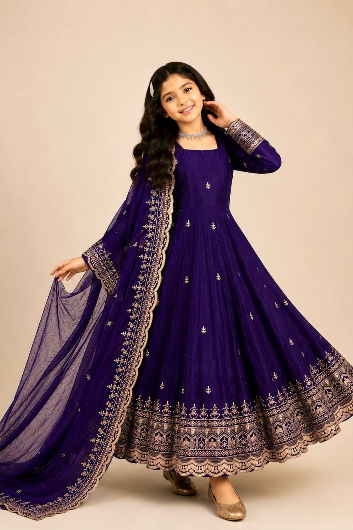 Stunning Purple Fendy Silk Embroidered Anarkali Suit with Dupatta for Girls
