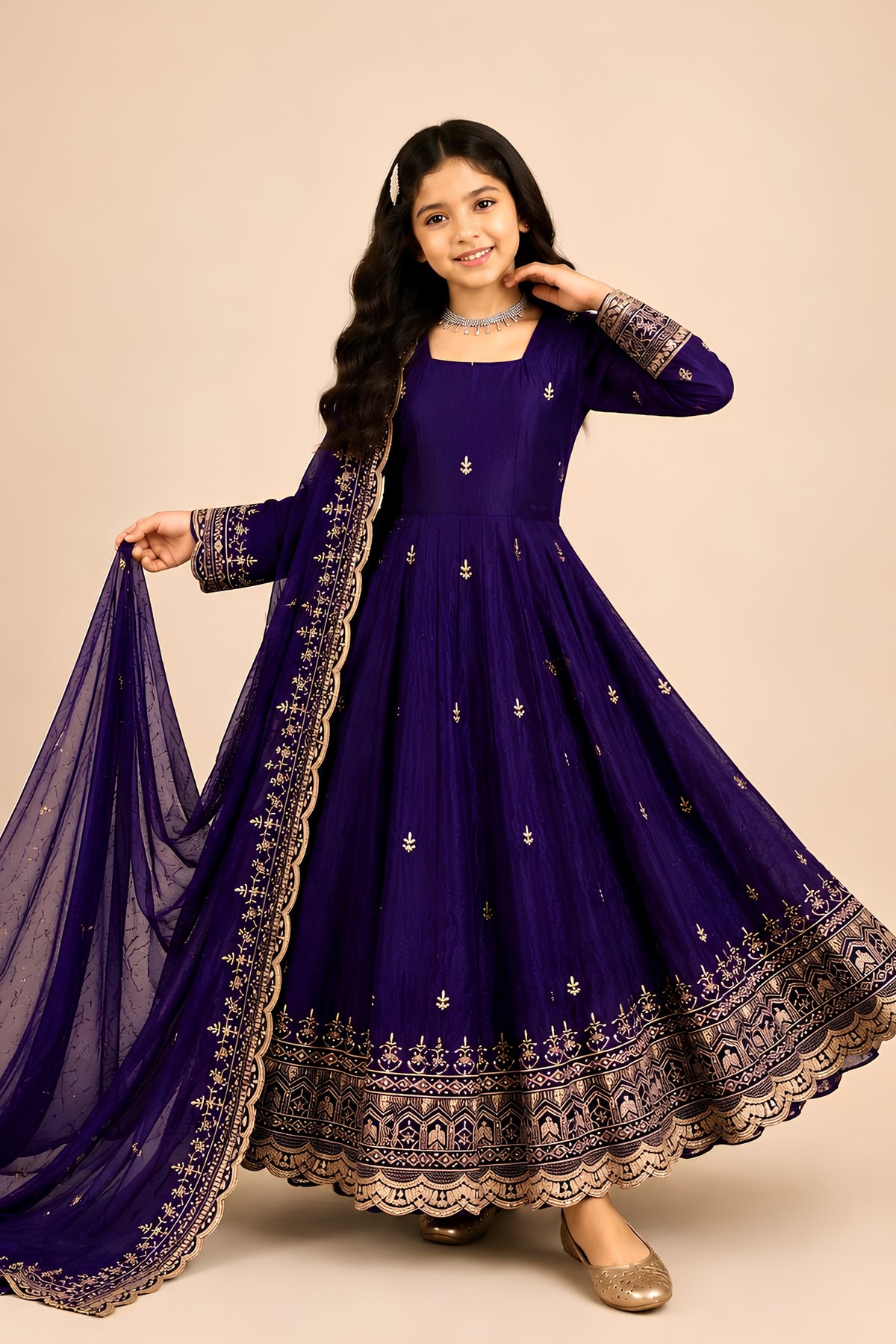 Stunning Purple Fendy Silk Embroidered Anarkali Suit with Dupatta for Girls