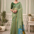 Elegant Pista Green Cotton Hand Block Print Work Saree