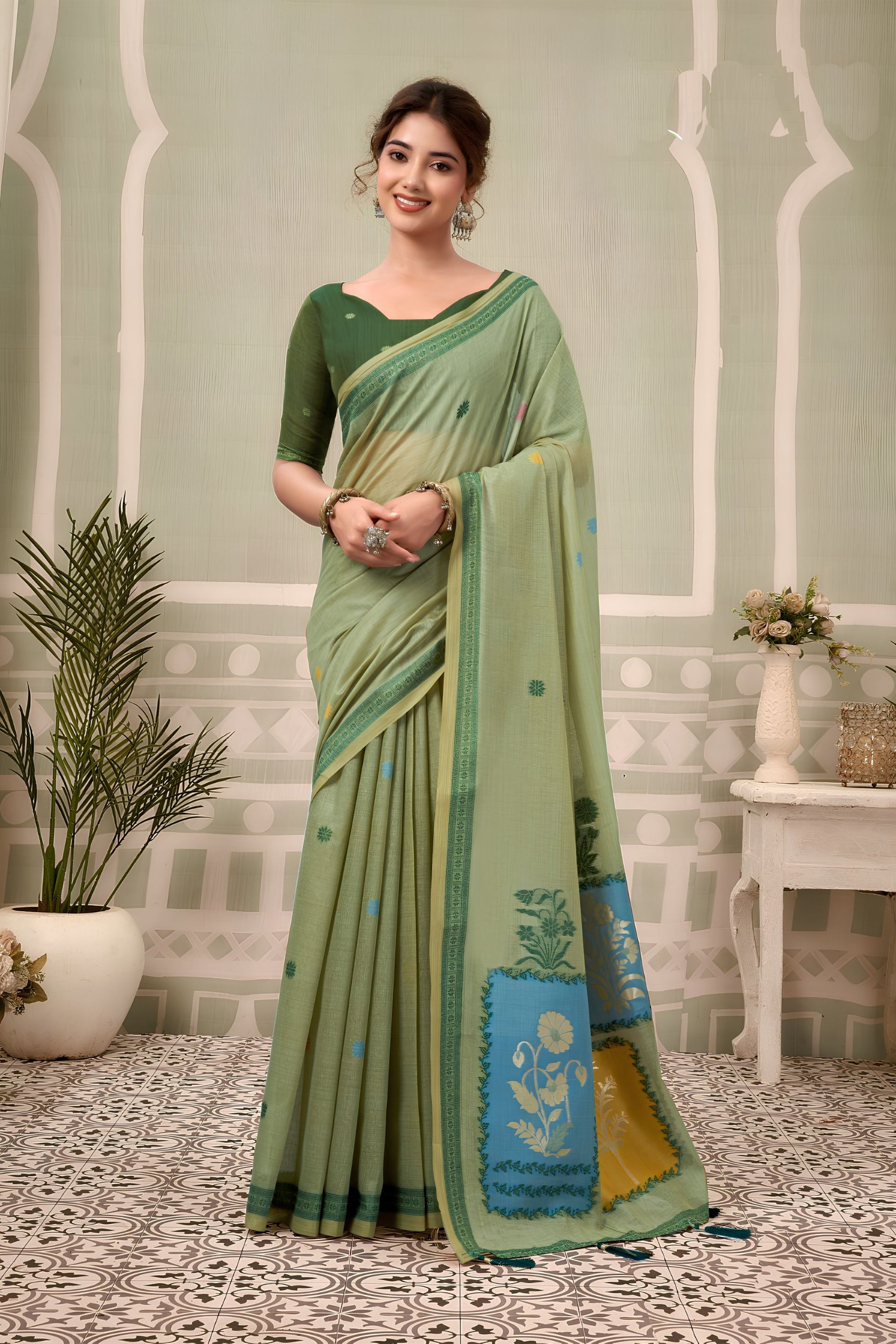 Elegant Pista Green Cotton Hand Block Print Work Saree