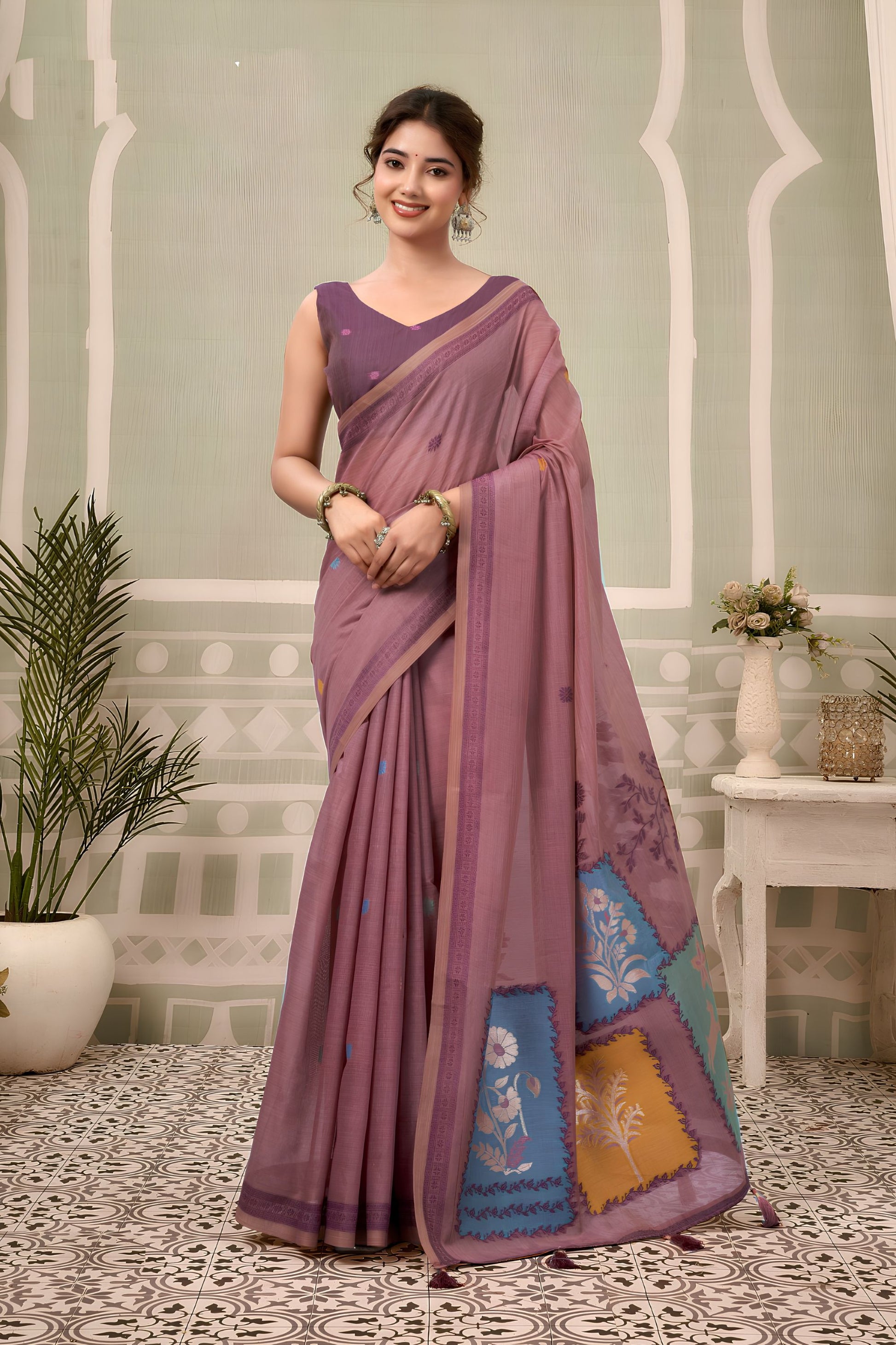 Stylish Dusty Mauve Cotton Hand Block Print Work Saree