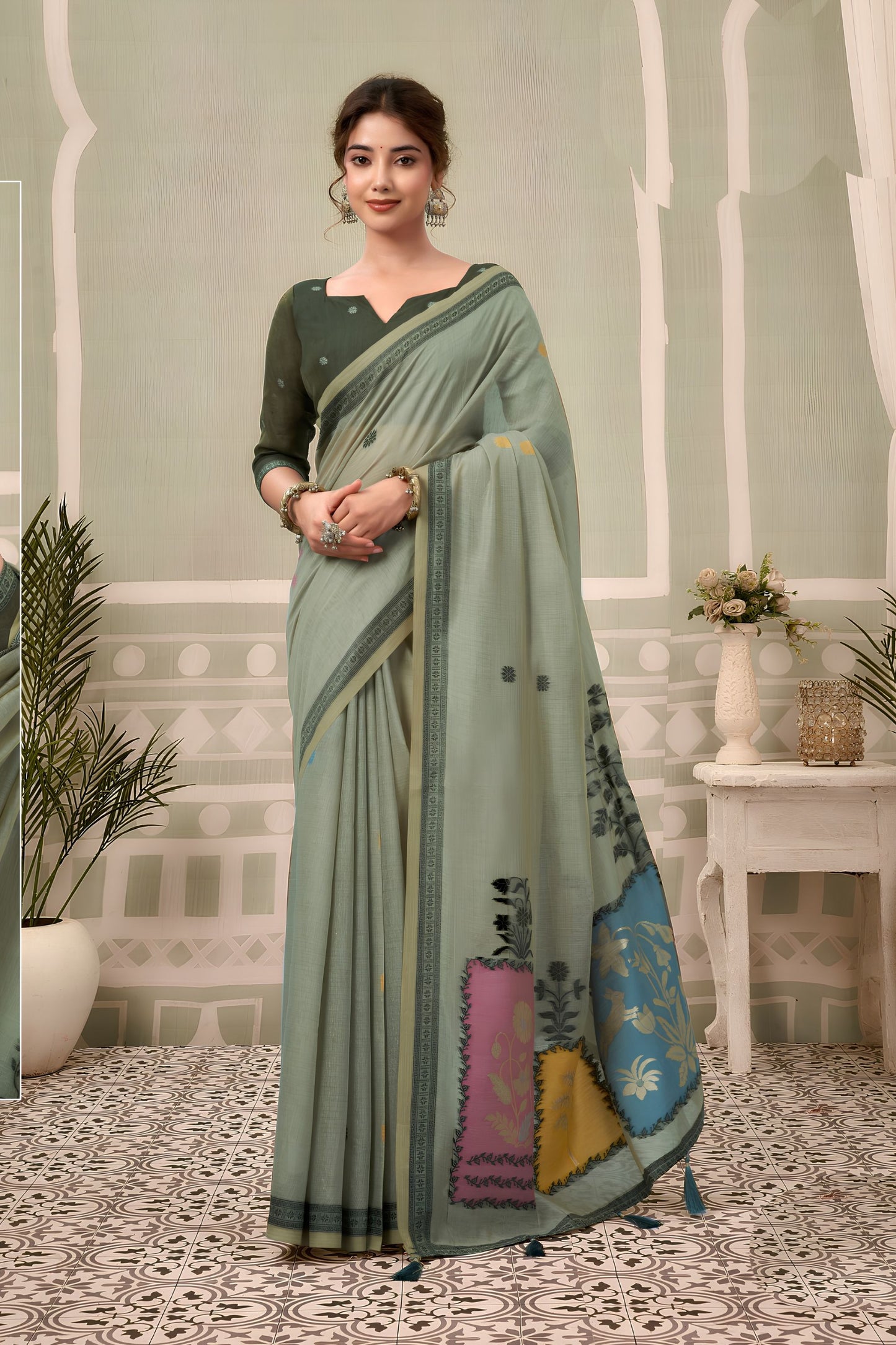 Gracefull Sage Green Cotton Hand Block Print Work Saree