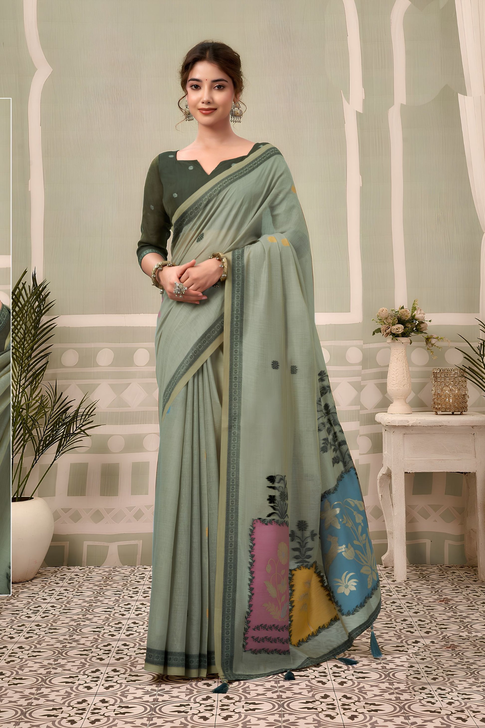 Gracefull Sage Green Cotton Hand Block Print Work Saree