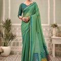 Graceful Mint Green Cotton Hand Block Print Work Saree