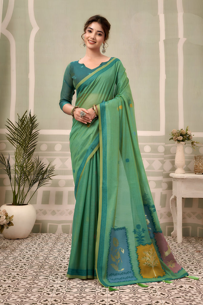 Graceful Mint Green Cotton Hand Block Print Work Saree