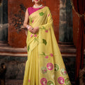 Gorgeous Yellow Khadi Cotton Printed Work Saree