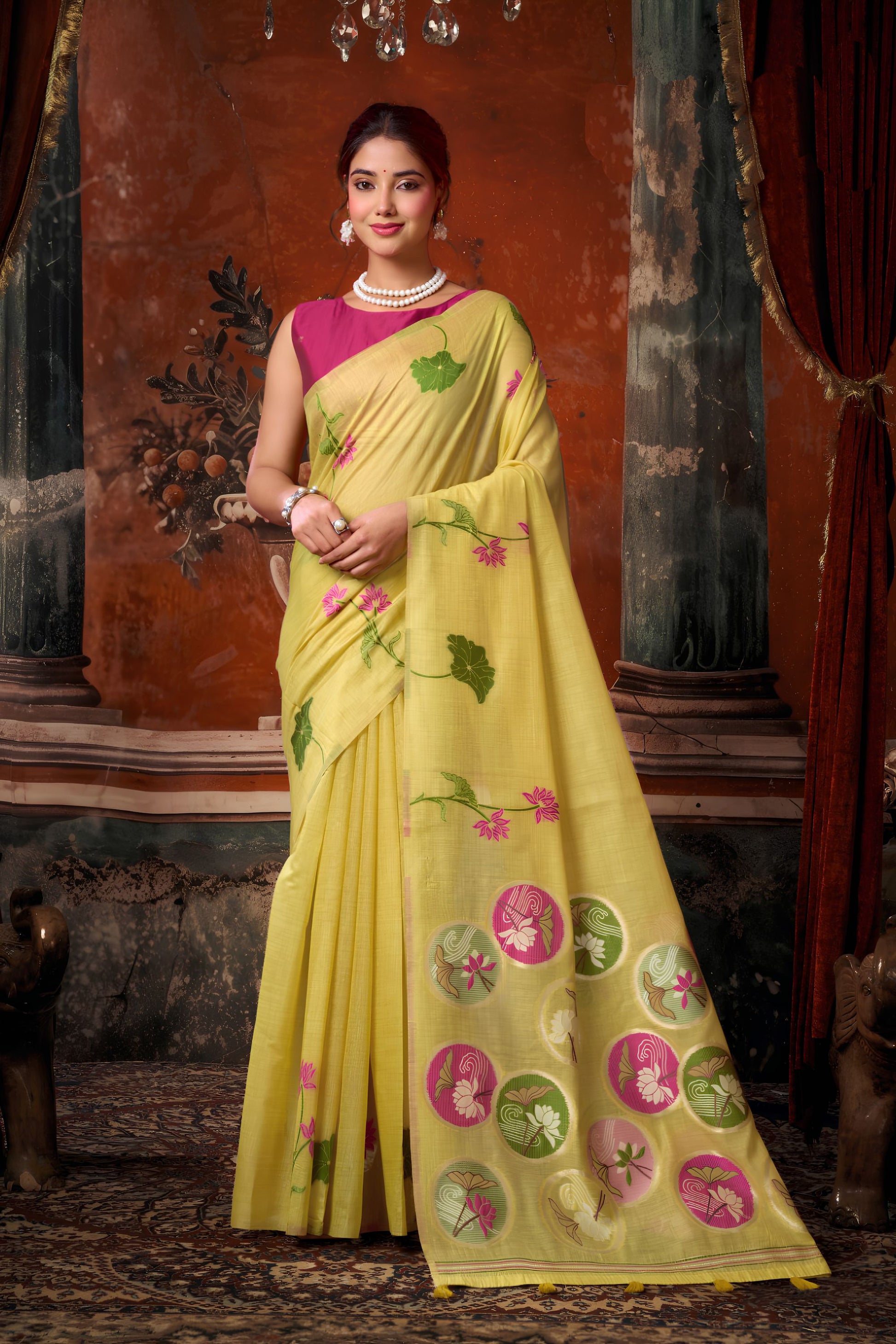 Gorgeous Yellow Khadi Cotton Printed Work Saree