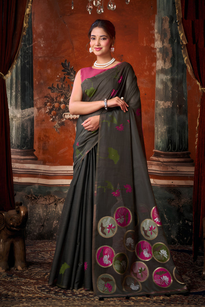 Premium Black Khadi Cotton Printed Work Saree
