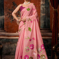 Beautiful Pink Khadi Cotton Printed Work Saree