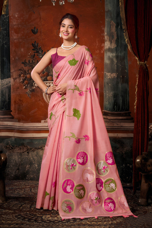 Beautiful Pink Khadi Cotton Printed Work Saree