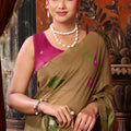 Elegant Brown Khadi Cotton Printed Work Saree
