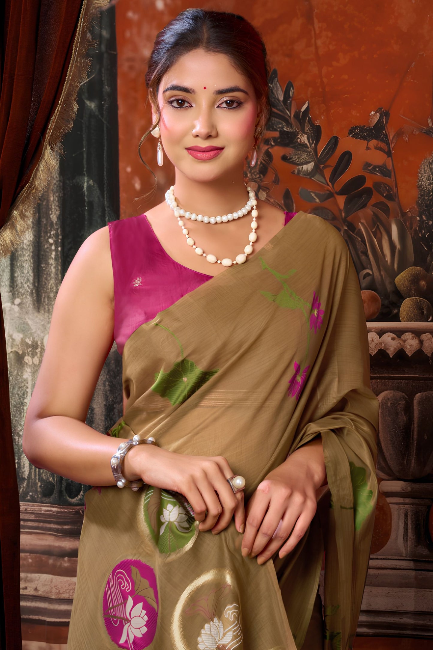 Elegant Brown Khadi Cotton Printed Work Saree