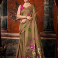 Elegant Brown Khadi Cotton Printed Work Saree