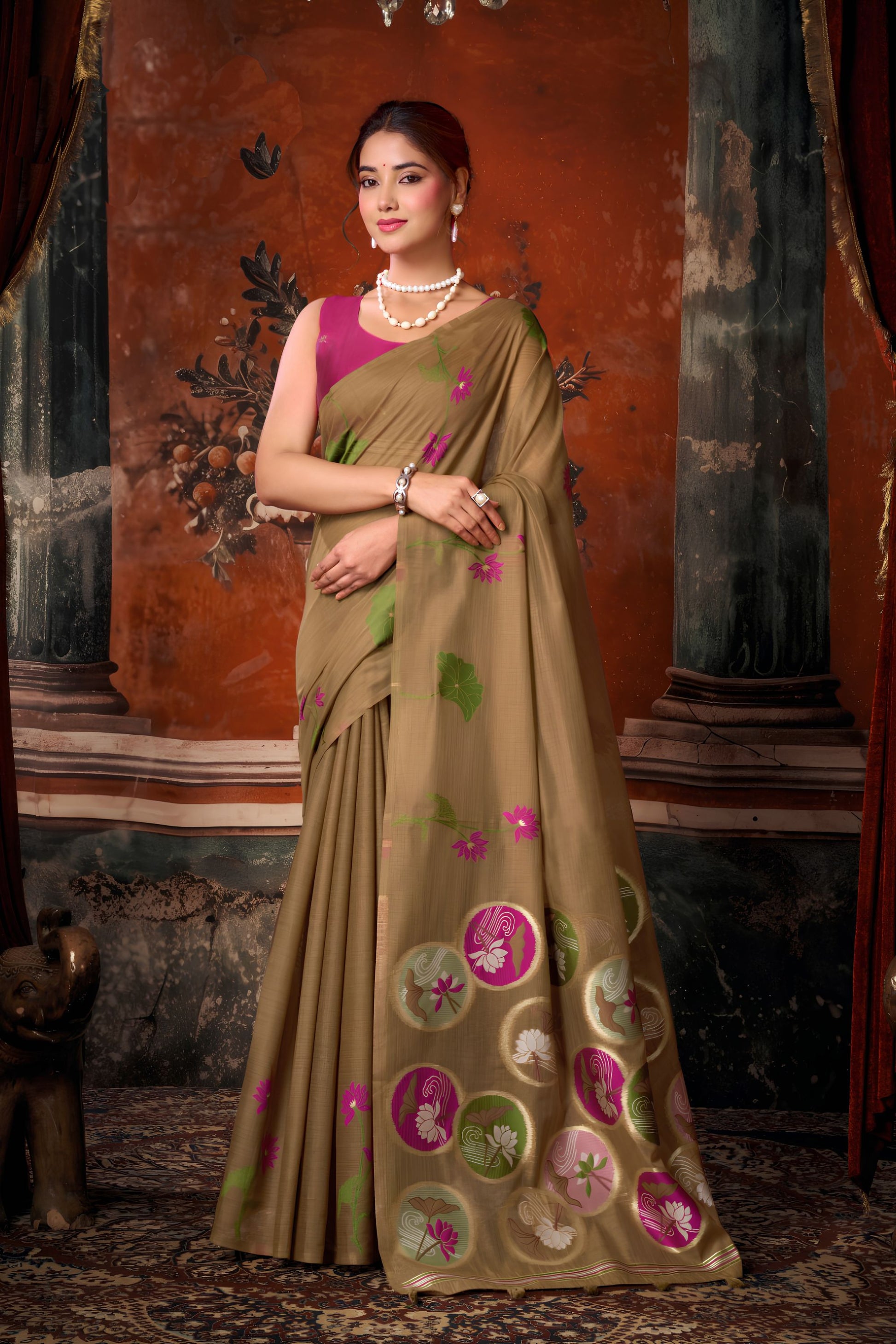 Elegant Brown Khadi Cotton Printed Work Saree