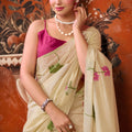 Premium Cream Khadi Cotton Printed Work Saree