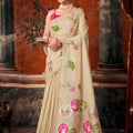 Premium Cream Khadi Cotton Printed Work Saree