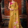 Stylish Mustard Yellow Khadi Cotton Printed Work Saree