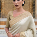 Elegant Cream Pure Kanjivaram Silk Embroidery Work Cutwork Designer Saree