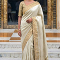 Elegant Cream Pure Kanjivaram Silk Embroidery Work Cutwork Designer Saree
