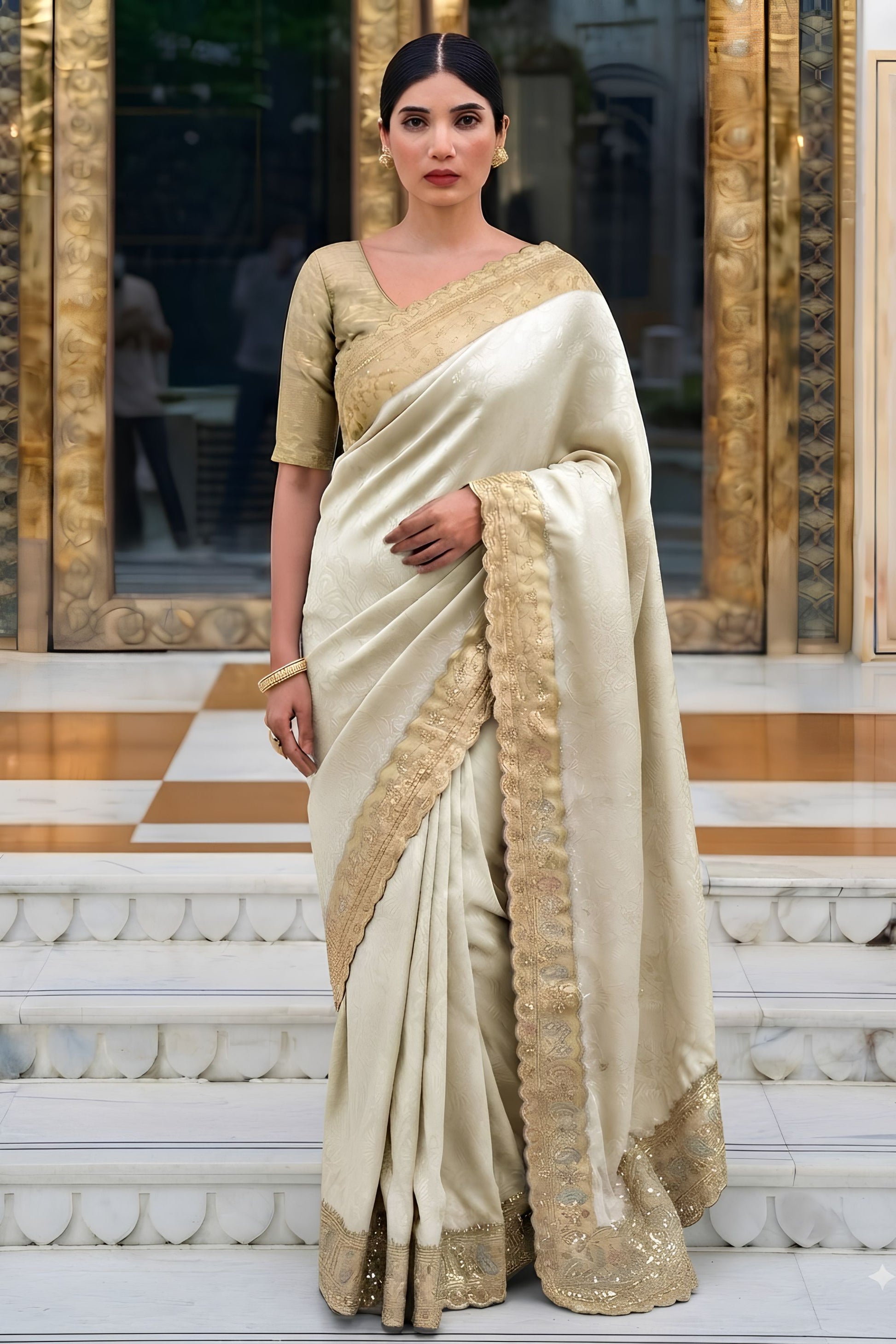 Elegant Cream Pure Kanjivaram Silk Embroidery Work Cutwork Designer Saree