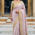 Beautiful Pink Pure Kanjivaram Silk Embroidery Work Cutwork Designer Saree