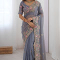 Stunning Gray Soft Chiffon Embroidery Cutwork Work Border Saree for Women