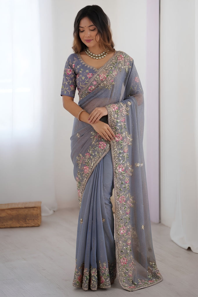 Stunning Gray Soft Chiffon Embroidery Cutwork Work Border Saree for Women