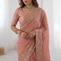 Elegant Peach Pink Soft Moss Chiffon Embroidered Saree Cutwork Border for Women