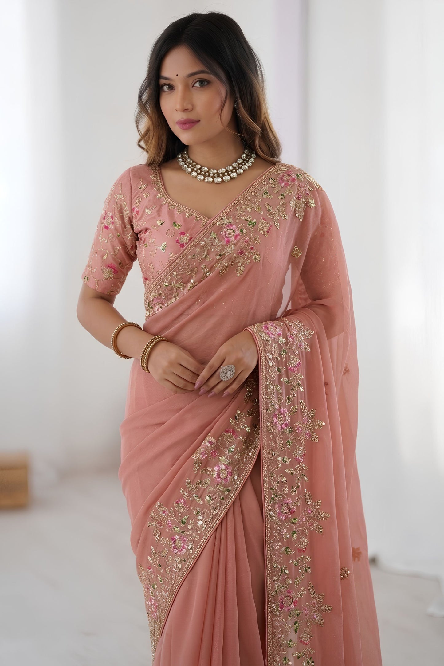 Elegant Peach Pink Soft Moss Chiffon Embroidered Saree Cutwork Border for Women
